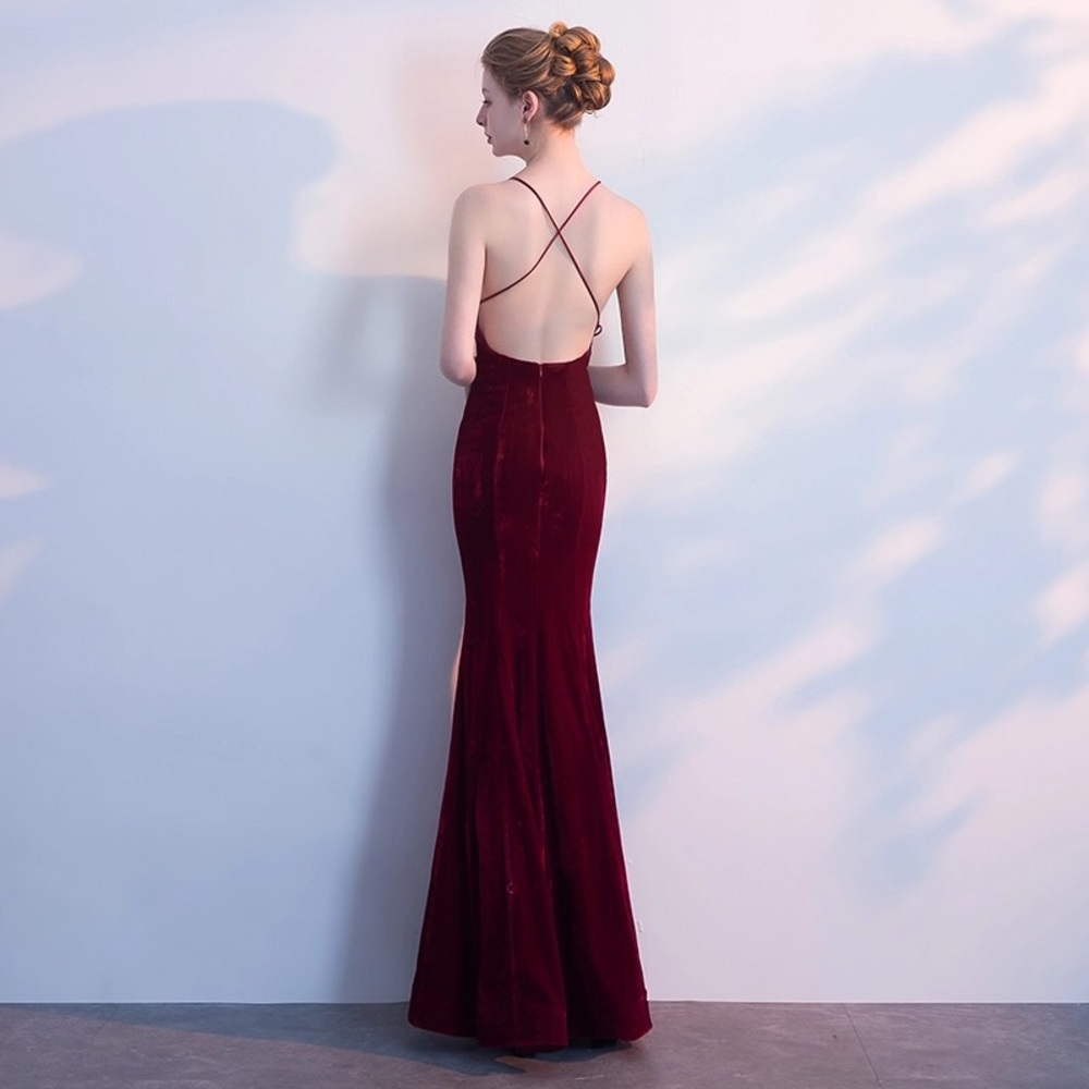 Ashley Opoku Burgundy Velvet Spaghetti Strap Dress - Picture 3 of 5